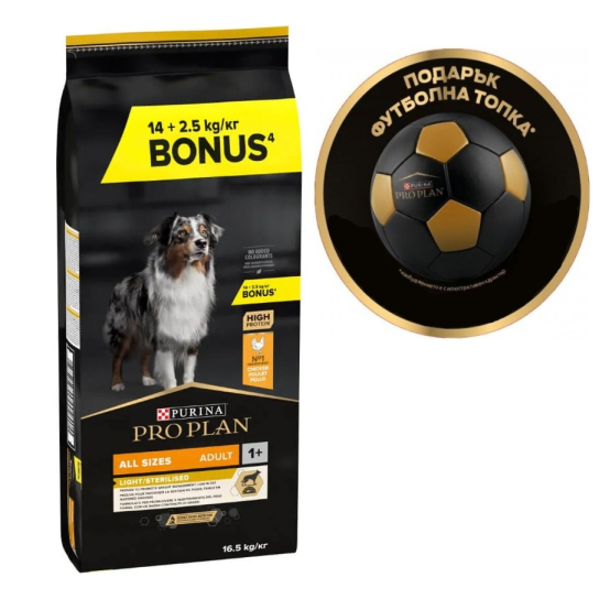 Purina Pro Plan AllSize Adult Sterilised -кучета с наднормено тегло/кастрирани, Пиле,14+2.5кг гратис -  - Zoolink