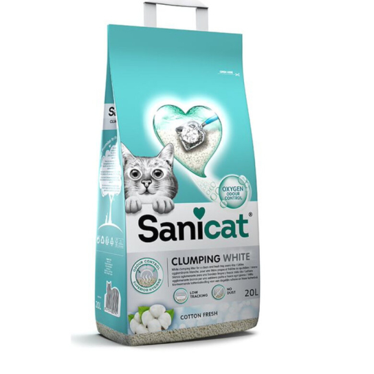 SANICAT CLUMPING WHITE COTTON котешка тоалетна - бял натурален бентонит, аромат на памук, 20л -  - Zoolink