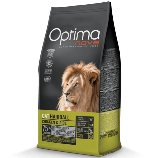 OPTIMA NOVA CAT HAIRBALL CHICKEN&RICE - за котки, срещу космени топки в стомаха, Пиле и Ориз, 8кг -  - Zoolink