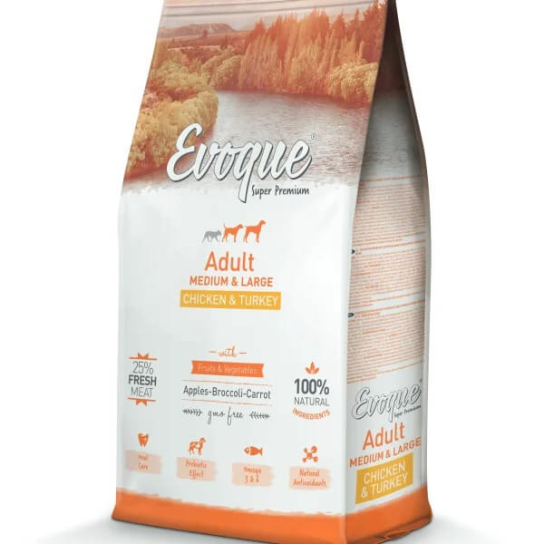 EVOQUE DOG ADULT MED/LARGE CHICKEN&TURKEY - пораснали кучета средни/едри породи, Пиле и Пуйка, 12кг -  - Zoolink