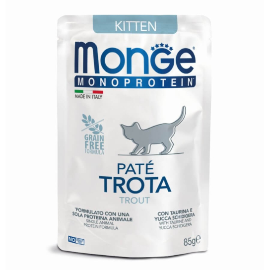 MONGE MONOPROTEIN KITTEN GRAIN FREE - пастет за котенца до 1г., Пъстърва, пауч 85г -  - Zoolink