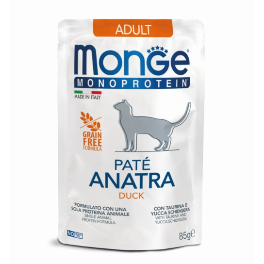 MONGE MONOPROTEIN CAT ADULT GRAIN FREE - пастет за котки над 1г., Патешко, пауч 85г -  - Zoolink