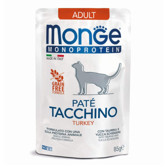 MONGE MONOPROTEIN CAT ADULT GRAIN FREE - пастет за котки над 1г., Пуешко, пауч 85г -  - Zoolink