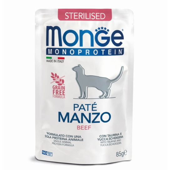 MONGE MONOPROTEIN CAT STERILISED GRAIN FREE- пастет за кастрирани котки над 1г., Телешко, пауч 85г -  - Zoolink