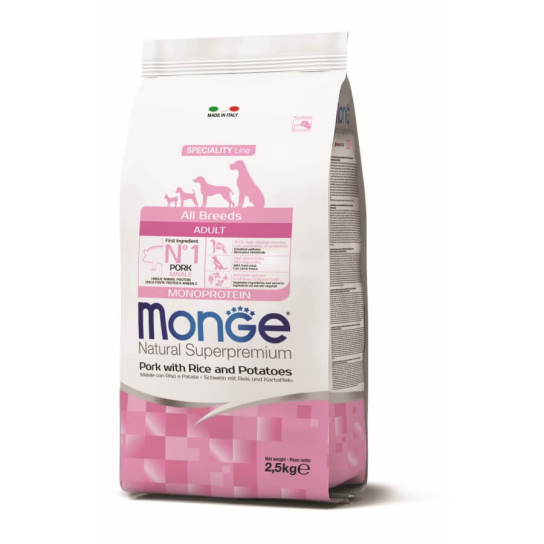 MONGE NS MONOPROTEIN DOG ADULT ALL BREEDS - за зрели кучета, Свинско,ориз и картофи, 2.5кг -  - Zoolink