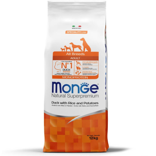 MONGE NS MONOPROTEIN DOG ADULT ALL BREEDS - за зрели кучета, Патица, ориз и картофи, 12кг -  - Zoolink