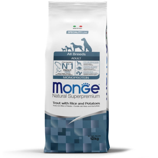 MONGE NS MONOPROTEIN DOG ADULT ALL BREEDS - за зрели кучета, Пъстърва,ориз и картофи, 12кг -  - Zoolink