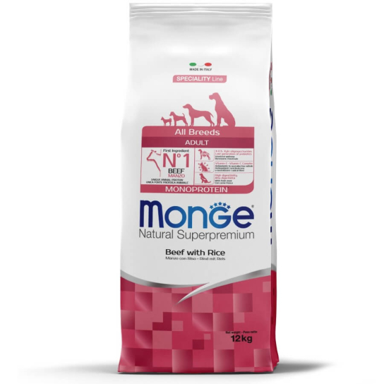 MONGE NS MONOPROTEIN DOG ADULT ALL BREEDS - за зрели кучета, Телешко и ориз, 12кг -  - Zoolink