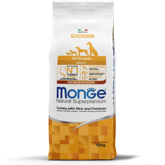 MONGE NS MONOPROTEIN DOG ADULT ALL BREEDS - за зрели кучета, Пуйка, ориз и картофи, 12кг -  - Zoolink