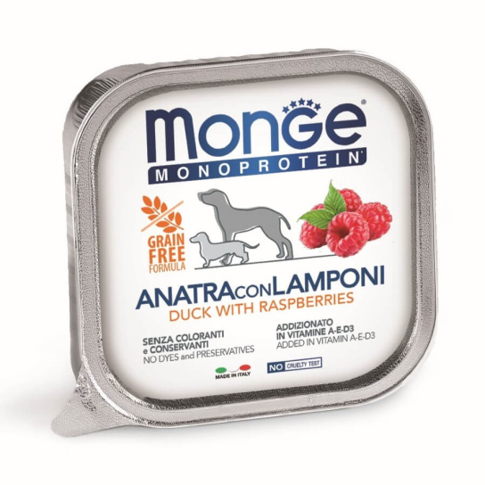 MONGE MONOPROTEIN DOG GRAIN FREE fruit - пастет за кучета, с Патица и Малини, терин 150г -  - Zoolink