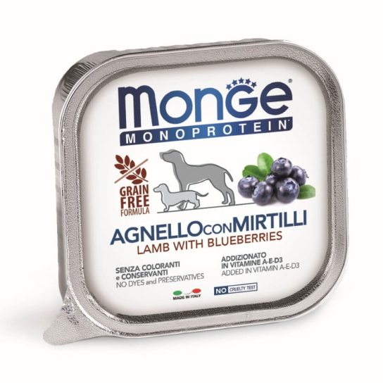MONGE MONOPROTEIN DOG GRAIN FREE fruit- пастет за кучета, с Агне и Боровинки, терин 150г -  - Zoolink