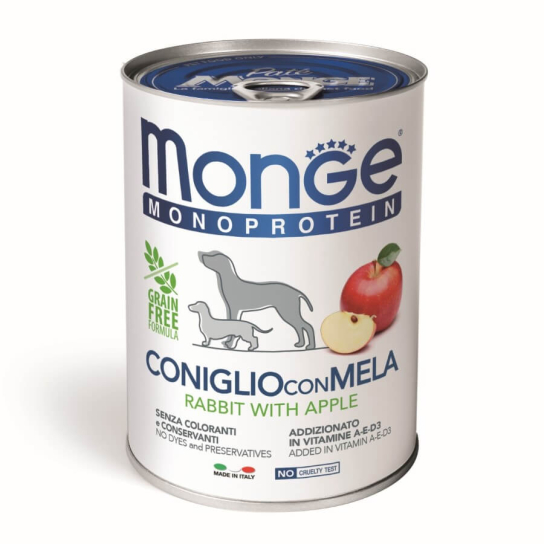 MONGE MONOPROTEIN DOG GRAIN FREE fruit - пастет за кучета, със Заек и Ябълки, консерва 400г -  - Zoolink