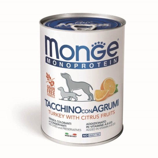 MONGE MONOPROTEIN DOG GRAIN FREE fruit - пастет за кучета, с Пуйка и Цитруси, консерва 400г -  - Zoolink