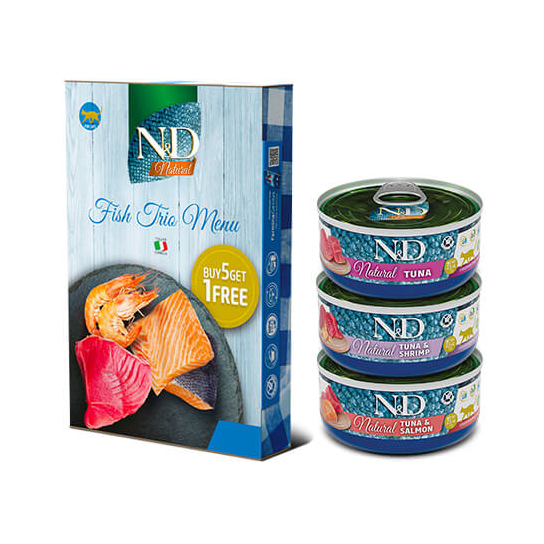 N&D NATURAL CAT FISH TRIO MENU 6бр.- за котки над 1г., 3 вида с Риба, консерви 6х70г (мултипак 420г) -  - Zoolink