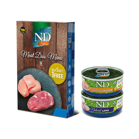 N&D NATURAL CAT MEAT DUO MENU 6бр. - за котки над 1г., 2 вида с Месо, консерви 6х70г (мултипак 420г) -  - Zoolink