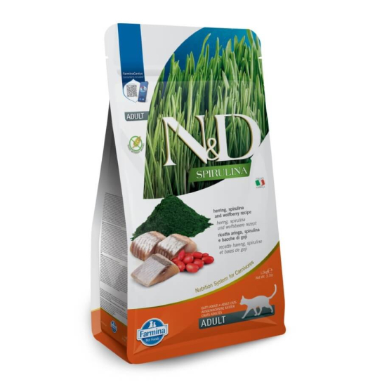 N&D SPIRULINA CAT ADULT HERRIGN - за котки над 1г., с Херинга, спригулина, годжи бери, 1.5кг -  - Zoolink