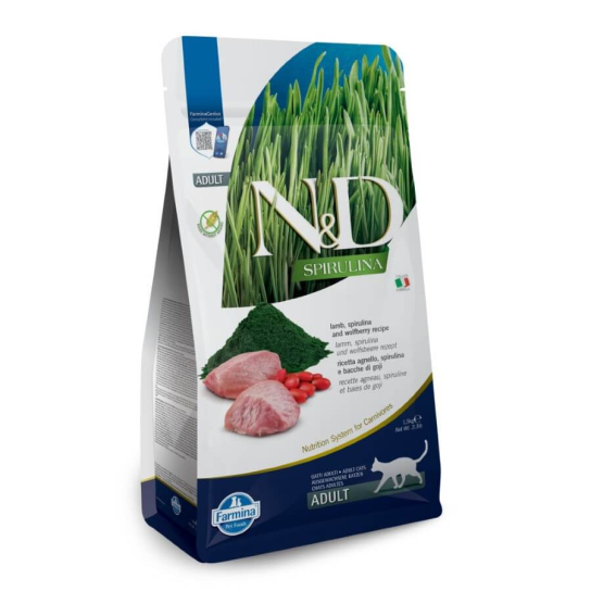 N&D SPIRULINA CAT ADULT LAMB - за котки над 1г., с Агне, спирулина, годжи бери, 1.5кг -  - Zoolink