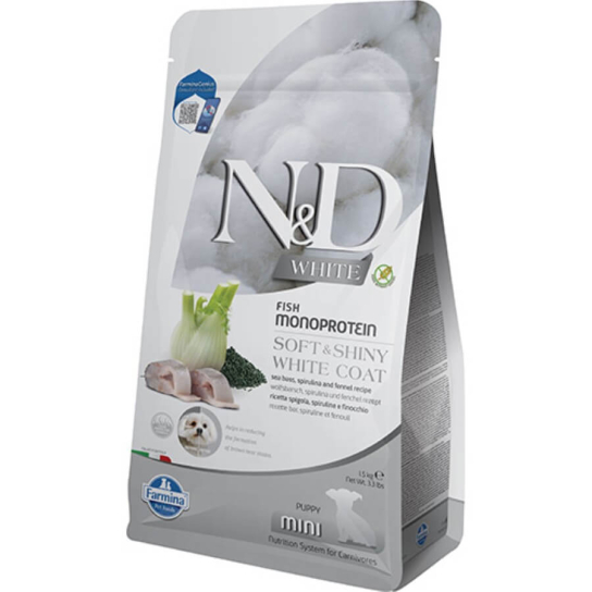 N&D WHITE PUPPY MINI- подрастващи кучета с бяла козина, малки породи, Лаврак, спирулина, фенел 1.5кг -  - Zoolink