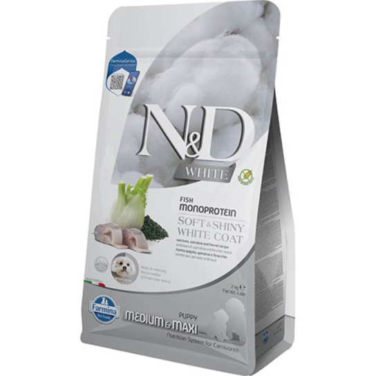 N&D WHITE PUPPY MED/MAX- подрастващи кучета с бяла козина, средни/едри, Лаврак, спирулина, фенел 2кг -  - Zoolink