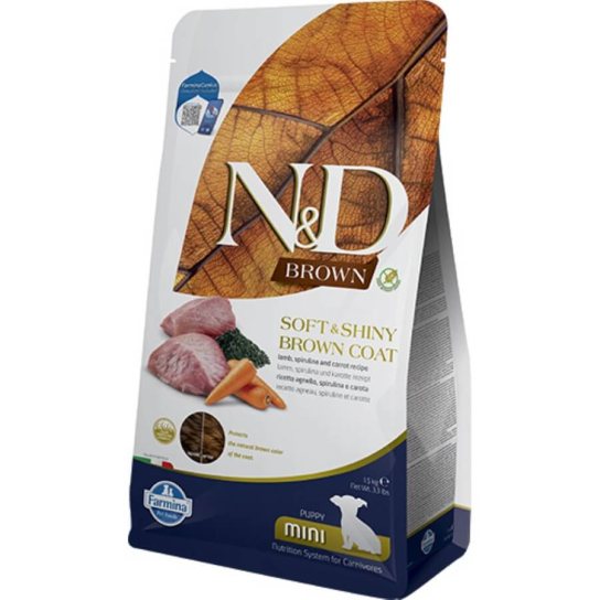 N&D BROWN PUPPY MINI- подрастващи кучета с кафява козина, малки породи, Агне, спирулина,морков 1.5кг -  - Zoolink