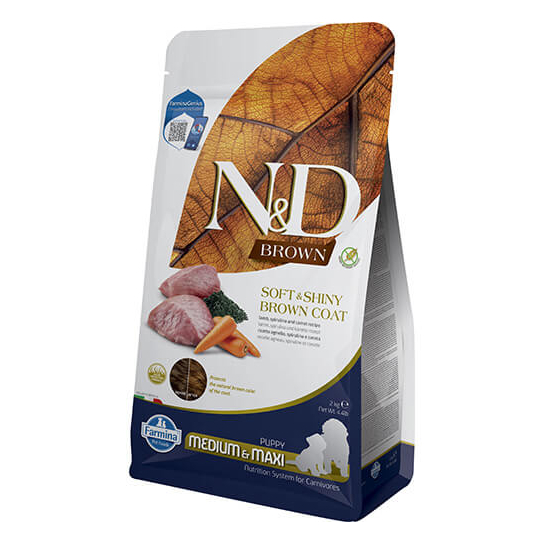 N&D BROWN PUPPY MED/MAX- подрастващи кучета с кафява козина, средни/едри, Агне, спирулина,морков 2кг -  - Zoolink