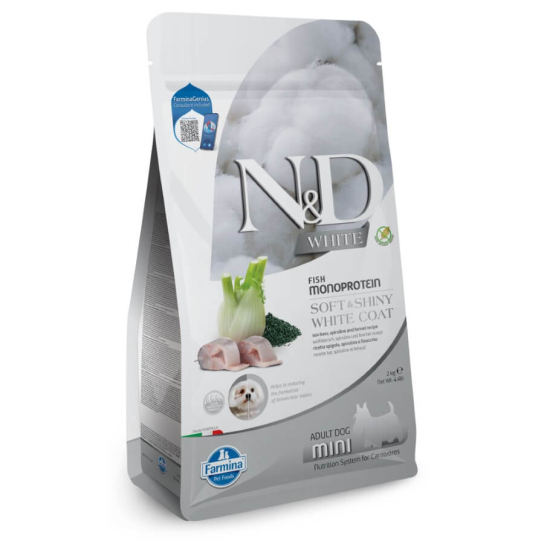 N&D WHITE DOG ADULT MINI - зрели кучета с бяла козина, малки породи, Лаврак, спирулина, фенел, 2кг -  - Zoolink