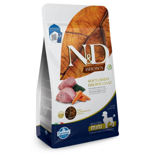 N&D BROWN DOG ADULT MINI - зрели кучета с кафява козина, малки породи, Агне, спирулина, морков, 2кг -  - Zoolink