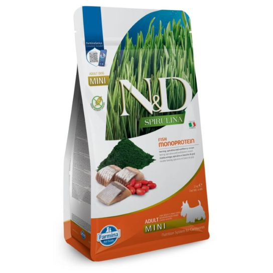 N&D SPIRULINA DOG ADULT MINI - за зрели кучета от малки породи, Херинга, спирулина, годжи бери, 2кг -  - Zoolink
