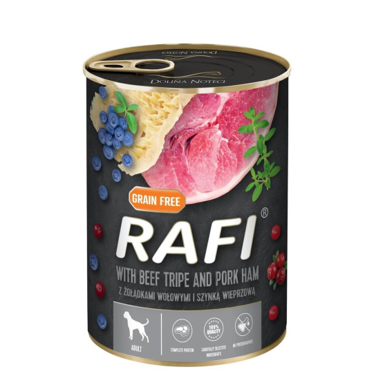 RAFI DOG BEEF TRIPE&PORK HAM - за израснали кучета, с Говеждо шкембе и Шунка, плодове, консерва 400г -  - Zoolink