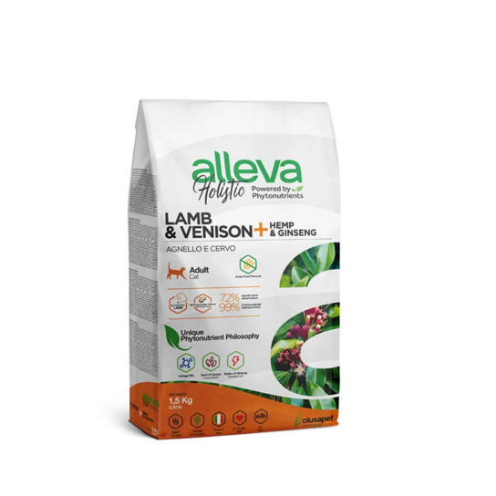 Храна за котки alleva holistic (adult cat) с агнешко и еленско и с канабис сатива и женшен, 1.5кг -  - Zoolink