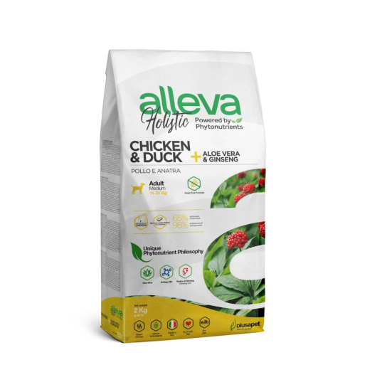 Храна за кучета alleva holistic adult medium с пилешко и патешко и с алое вера и женшен, 2кг - - Zoolink Храна за кучета alleva holistic adult medium с пилешко и патешко и с алое вера и женшен, 2кг - - Zoolink