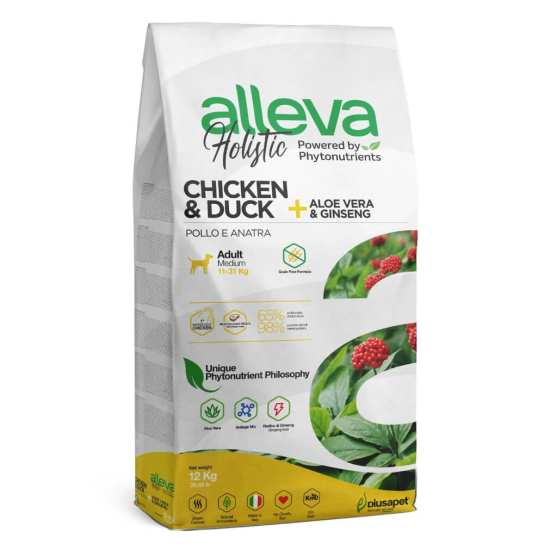 Храна за кучета alleva holistic adult medium с пилешко и патешко и с алое вера и женшен, 12кг -  - Zoolink
