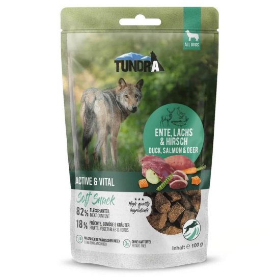 TUNDRA SOFT SNACK ACTIVE&VITAL - лакомство за активни кучета, с Патица, Сьомга и Дивеч, 100 г -  - Zoolink