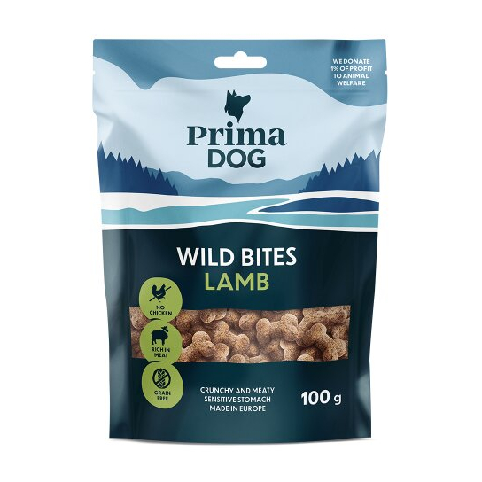 PRIMA DOG WILD BITES LAMB - деликатесни хрупкави лакомства за куче с Агнешко и морски зърнатец,100 г -  - Zoolink