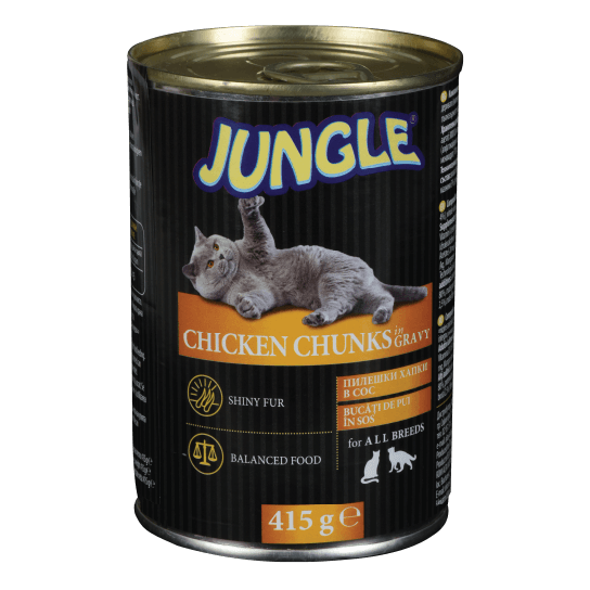 JUNGLE CAT CHICKEN CHUNKS IN GRAVY - за израснали котки хапки в сос с Пиле, консерва 415 г -  - Zoolink