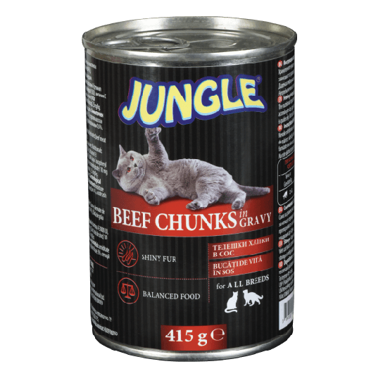 JUNGLE CAT BEEF CHUNKS IN GRAVY - за израснали котки хапки в сос с Телешко, консерва 415 г -  - Zoolink