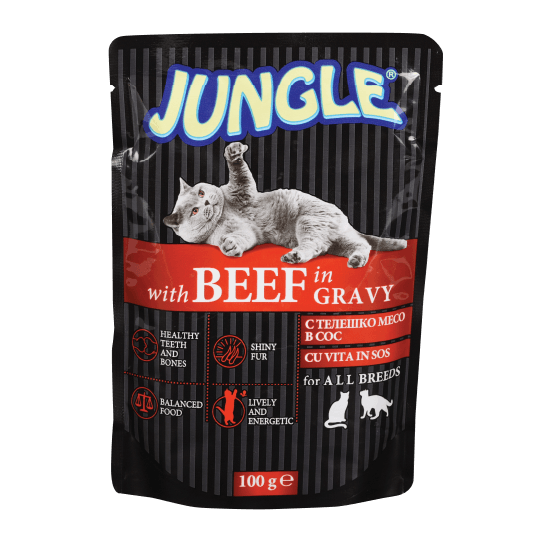 JUNGLE CAT BEEF IN GRAVY - за израстнали котки с Телешко месо в сос, пауч 100 г -  - Zoolink