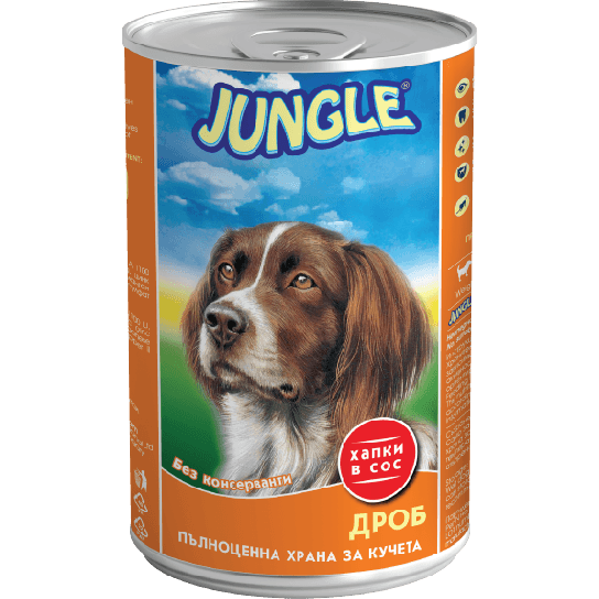 JUNGLE DOG - хапки в сос за израснали кучета с Дроб, консерва 1.240 кг -  - Zoolink
