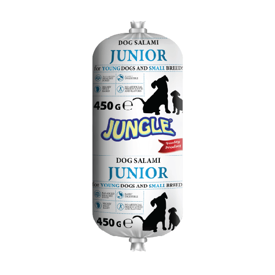 JUNGLE JUNIOR SALAMI WITH CHICKEN - салам за подрастващи кученца и малки породи кучета с Пиле, 450 г -  - Zoolink