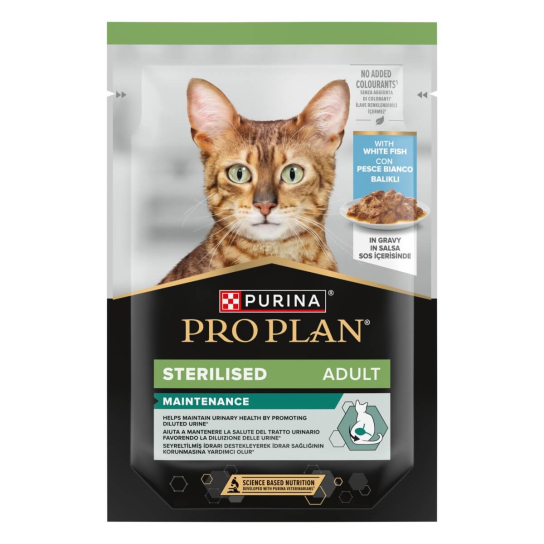 Purina Pro Plan STERILISED - за кастрирани котки в зряла възраст, Бяла риба в сос, пауч 85 г -  - Zoolink
