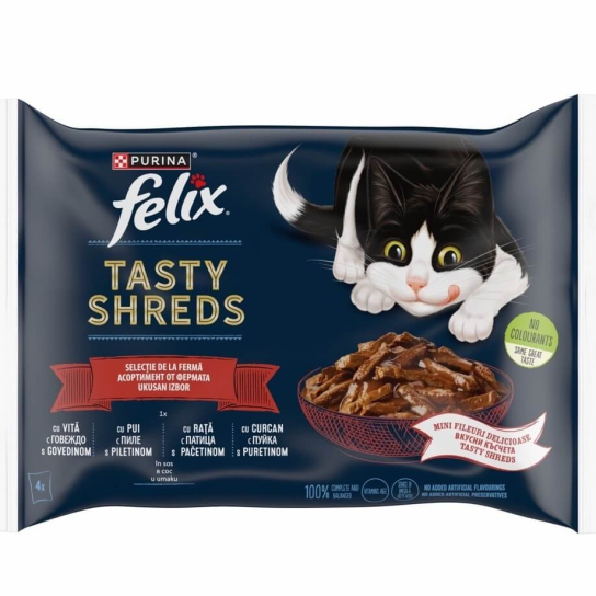 Purina Felix Tasty Shreds за котки в зряла възраст с Говеждо, с Пиле, с Патица, с Пуйка, 4x80g -  - Zoolink