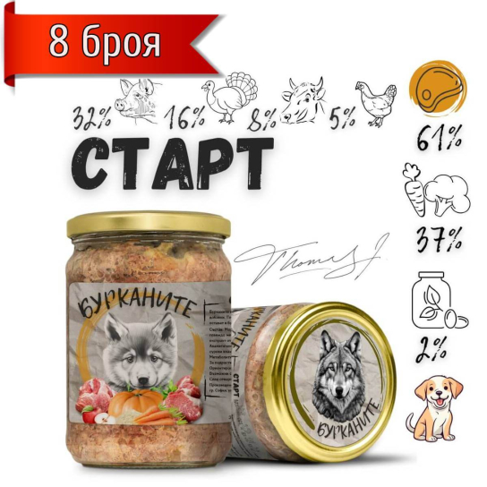 8бр. БУРКАНИТЕ СТАРТ - стерилизирана храна за кученца с Говеждо, Пуешко, Свинско и Зеленчуци, 500 г -  - Zoolink