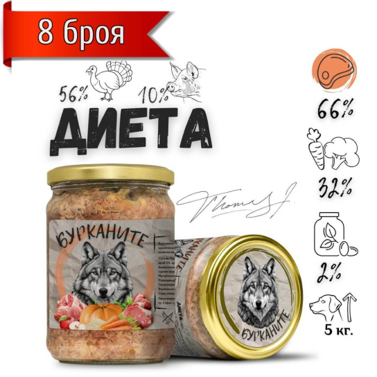 8бр. БУРКАНИТЕ ДИЕТА - стерилизирана храна за кучета с Пуешко, Свинско и Зеленчуци, 500 г -  - Zoolink