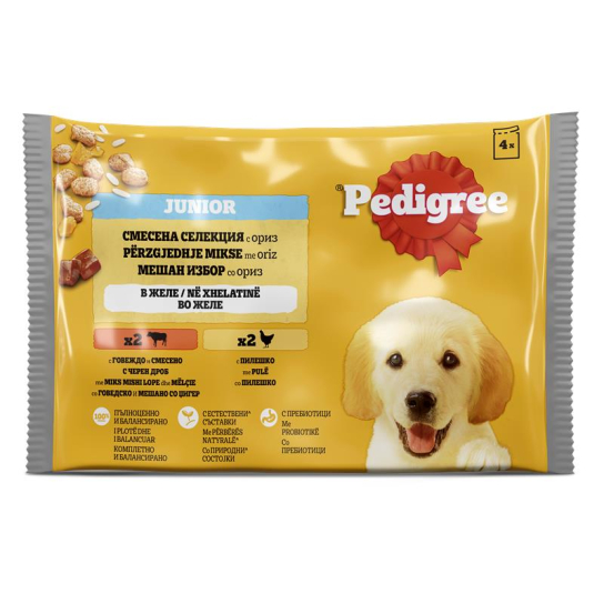 Pedigree Пауч Джуниър Пилешко, Говеждо, Ориз в желе, 4x100г -  - Zoolink