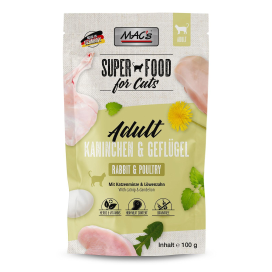 MAC'S CAT ADULT - за пораснали котки, Заешко и Птиче, глухарче, пауч 100г - - Zoolink MAC'S CAT ADULT - за пораснали котки, Заешко и Птиче, глухарче, пауч 100г - - Zoolink