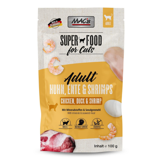 MAC'S CAT ADULT - за пораснали котки, Пиле, Патица и Скариди, водорасли, пауч 100г - - Zoolink MAC'S CAT ADULT - за пораснали котки, Пиле, Патица и Скариди, водорасли, пауч 100г - - Zoolink