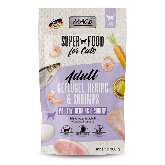MAC'S CAT ADULT - за пораснали котки, Пиле, Херигна и Скариди, моркови, пауч 100г - - Zoolink MAC'S CAT ADULT - за пораснали котки, Пиле, Херигна и Скариди, моркови, пауч 100г - - Zoolink