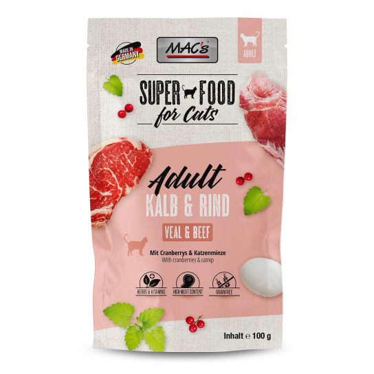 MAC'S CAT ADULT - за пораснали котки, Телешко и Говеждо, червени боровинки, пауч 100г -  - Zoolink