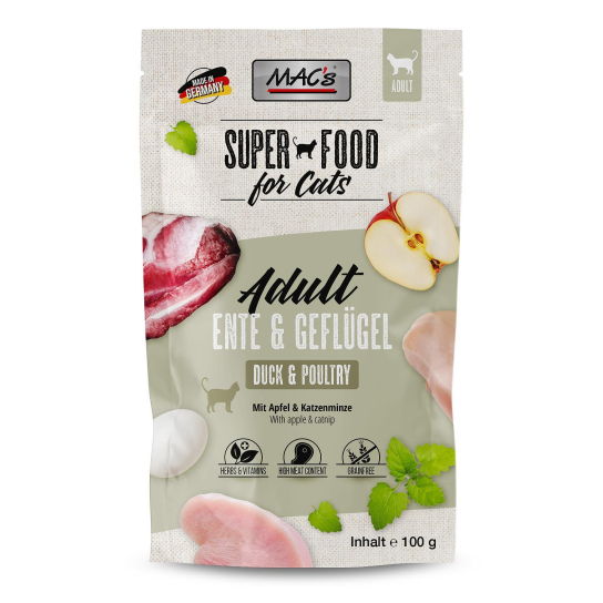MAC'S CAT ADULT - за пораснали котки, Патица и Пиле, ябълки, пауч 100г - - Zoolink MAC'S CAT ADULT - за пораснали котки, Патица и Пиле, ябълки, пауч 100г - - Zoolink