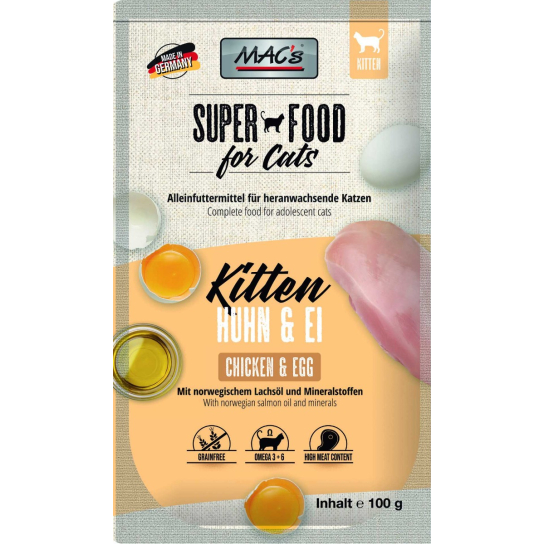 MAC'S CAT KITTEN - за подрастващи котки, Пиле и Яйца, пауч 100г - - Zoolink MAC'S CAT KITTEN - за подрастващи котки, Пиле и Яйца, пауч 100г - - Zoolink